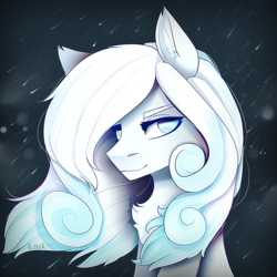 Size: 2000x2000 | Tagged: dead source, safe, artist:ritter, oc, oc only, oc:snowdrop, pegasus, pony, bust, chest fluff, ear fluff, explicit source, female, high res, looking at you, mare, night, older, older snowdrop, sitting, snow, snowfall, solo, windswept mane, winter