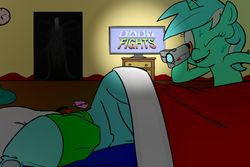 Size: 900x600 | Tagged: safe, artist:mr square, color edit, edit, lyra heartstrings, oc, oc:anon, human, pony, unicorn, g4, baby fights, bed, camera, colored, gravity falls, humie, male, pillow, sleeping, slenderman, sweat, television, that pony sure does love humans