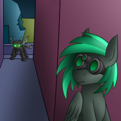 Size: 1000x1000 | Tagged: safe, artist:ceejayponi, oc, oc only, oc:illume, changeling, changeling oc, glowing eyes, goggles, night vision goggles