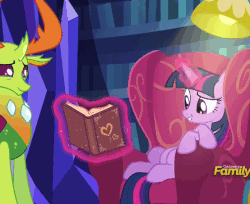 Size: 554x453 | Tagged: safe, screencap, thorax, twilight sparkle, alicorn, changedling, changeling, pony, g4, season 7, triple threat, adorkable, animated, behaving like a cat, book, chair, cute, dork, gif, king thorax, that pony sure does love chairs, thorabetes, twiabetes, twilight sparkle (alicorn), wiggle