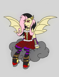 Size: 1700x2200 | Tagged: safe, artist:mr square, fluttershy, bat pony, pony, vampony, g4, bat ponified, cloud, colored, emoshy, flutterbat, gothic, gray background, on a cloud, race swap, simple background, sitting, sitting on a cloud