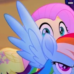 Size: 400x400 | Tagged: safe, screencap, fluttershy, rainbow dash, pony, g4, my little pony: the movie, image macro, meme, soon