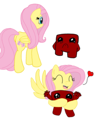 Size: 1150x1437 | Tagged: safe, artist:mr square, fluttershy, pegasus, pony, g4, colored, crossover, duo, hug, meat boy, simple background, super meat boy, transparent background