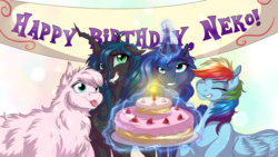 Size: 3840x2160 | Tagged: safe, artist:lupiarts, princess luna, queen chrysalis, rainbow dash, oc, oc:fluffle puff, alicorn, pony, g4, banner, cake, candle, commission, dessert, female, food, happy birthday, high res, levitation, magic, mare, plate, smiling, telekinesis, tongue out