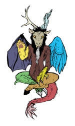 Size: 2100x3490 | Tagged: safe, artist:mr square, discord, draconequus, g4, baphomet, colored, high res, male, simple background, sitting, solo, transparent background