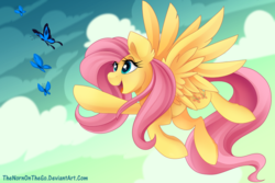 Size: 900x600 | Tagged: safe, artist:thenornonthego, fluttershy, bird, butterfly, pegasus, pony, cloud, cute, female, flying, mare, open mouth, shyabetes, sky, smiling