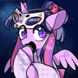 Size: 512x512 | Tagged: safe, artist:snowillusory, twilight sparkle, alicorn, pony, g4, alternate hairstyle, clothes, female, kimono (clothing), mare, mask, open mouth, solo, twilight sparkle (alicorn)