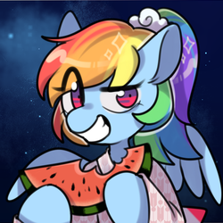 Size: 512x512 | Tagged: safe, artist:snowillusory, rainbow dash, pegasus, pony, g4, alternate hairstyle, clothes, eye clipping through hair, female, food, grin, kimono (clothing), mare, ponytail, smiling, solo, watermelon