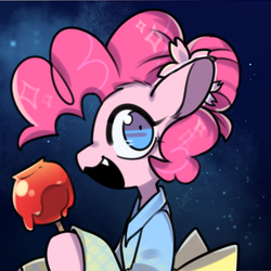 Size: 512x512 | Tagged: safe, artist:snowillusory, pinkie pie, earth pony, pony, g4, :3, candied apple, clothes, cute, cute little fangs, fangs, female, kimono (clothing), mare, open mouth, solo