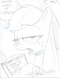 Size: 5133x6517 | Tagged: safe, artist:andypriceart, applejack, pony, g4, absurd resolution, andy you magnificent bastard, annoyed, book, cowboy hat, dialogue, farming, hat, pencil drawing, reading, simple background, sketch, traditional art, white background