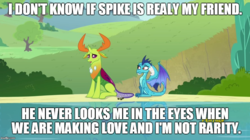 Size: 888x499 | Tagged: safe, edit, edited screencap, screencap, princess ember, spike, thorax, changedling, changeling, dragon, g4, triple threat, caption, female, gay, implied lovemaking, implied rarity, implied sex, implied spike, king thorax, male, meme, ship:thoraxspike, shipping
