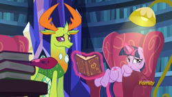 Size: 1920x1080 | Tagged: safe, screencap, thorax, twilight sparkle, alicorn, changedling, changeling, pony, g4, triple threat, awkward, book, chair, context is for the weak, glowing horn, horn, king thorax, lamp, levitation, library, lying, magic, out of context, telekinesis, that pony sure does love chairs, twilight sparkle (alicorn), twilight's castle