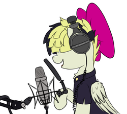Size: 2413x2156 | Tagged: safe, artist:prismstreak, songbird serenade, pegasus, pony, g4, my little pony: the movie, bow, chest fluff, female, hair bow, headphones, high res, microphone, open mouth, recording studio, simple background, singing, sitting, solo, tinyface, white background