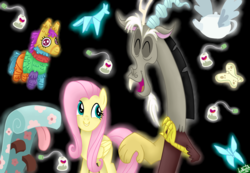 Size: 2100x1450 | Tagged: safe, artist:liniitadash23, discord, fluttershy, butterfly, draconequus, pegasus, pony, discordant harmony, g4, black background, chase lounge, duo, duo male and female, eyes closed, female, flying napkin, ginseng teabags, male, mare, open mouth, origami, piñata, show accurate, signature, simple background, teabag, winged teapot