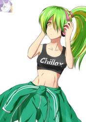 Size: 1024x1453 | Tagged: dead source, safe, artist:achaoticdotstar, lemon zest, human, g4, belly button, clothes, female, hair over one eye, headphones, humanized, looking at you, simple background, solo, sports bra, tank top, white background