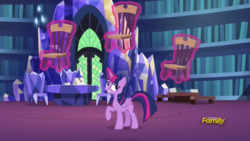 Size: 1366x768 | Tagged: safe, screencap, twilight sparkle, alicorn, pony, g4, season 7, triple threat, book, chair, library, looking at you, magic, shelves, that pony sure does love chairs, twilight sparkle (alicorn)