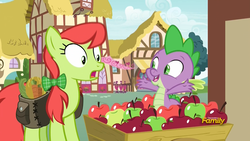 Size: 1920x1080 | Tagged: safe, screencap, peachy sweet, spike, dragon, earth pony, pony, g4, season 7, triple threat, apple, apple cart, apple family member, carrot, discovery family logo, female, food, fruit, mare, melon, ponyville, saddle bag, surprised, vegetables