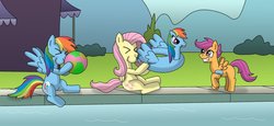 Size: 1317x606 | Tagged: safe, artist:gameboysage, fluttershy, rainbow dash, scootaloo, pony, g4, ><, beach ball, blowing, commission, cute, cutealoo, eyes closed, floaty, inflatable, pool toy, puffy cheeks, scootalove, shyabetes, sitting, summer, swimming pool, water wings