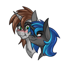 Size: 352x340 | Tagged: safe, artist:derpsonhooves, oc, oc only, oc:homage, oc:littlepip, pony, unicorn, fallout equestria, blushing, bust, fanfic, fanfic art, female, fluffy, horn, lesbian, mare, oc x oc, portrait, ship:pipmage, shipping, simple background, transparent background