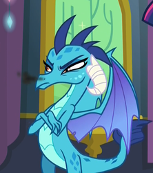 Size: 759x856 | Tagged: safe, screencap, princess ember, dragon, g4, triple threat, angry, crossed arms, smoke, snorting, solo focus, squint, twilight's castle, upset