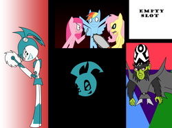 Size: 2587x1927 | Tagged: safe, artist:keytee-chan, fluttershy, pinkie pie, rainbow dash, pony, fanfic:cupcakes, g4, buzzsaw, chainsaw, circular saw, crossover, female, fluttershed, jenny wakeman, knuckles the echidna, logo, male, mojo jojo, my life as a teenage robot, older, pinkamena diane pie, sonic & knuckles, sonic the hedgehog, sonic the hedgehog (series), style emulation, the powerpuff girls