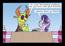 Size: 2454x1742 | Tagged: safe, artist:bobthedalek, starlight glimmer, thorax, changedling, changeling, pony, unicorn, g4, triple threat, cup, dialogue, duo, food, king thorax, nervous, sandwich, sweat, sweatdrop