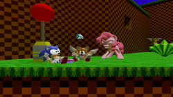 Size: 1366x768 | Tagged: safe, artist:dirtpeanut, pinkie pie, earth pony, pony, g4, .zip file at source, 3d, chaos emerald, classic sonic, crossover, gmod, male, miles "tails" prower, sonic the hedgehog, sonic the hedgehog (series)
