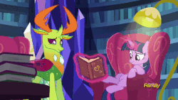 Size: 600x338 | Tagged: safe, screencap, thorax, twilight sparkle, alicorn, changedling, changeling, pony, g4, triple threat, adorkable, animated, book, chair, cute, dork, gif, hoofy-kicks, king thorax, that pony sure does love chairs, thorabetes, twilight sparkle (alicorn), wiggle