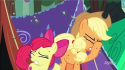 Size: 1282x720 | Tagged: safe, screencap, apple bloom, applejack, earth pony, fly-der, pony, campfire tales, g4, bite mark, female, filly, fly-der bite, foal, mare, tent