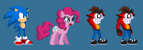 Size: 205x72 | Tagged: safe, artist:t0ms0nic, pinkie pie, earth pony, pony, g4, crash bandicoot, crash bandicoot (series), crossover, male, pixel art, sonic the hedgehog, sonic the hedgehog (series)
