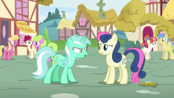 Size: 787x443 | Tagged: safe, screencap, bon bon, daisy, flower wishes, goldengrape, lily, lily valley, lyra heartstrings, rainbow stars, roseluck, sir colton vines iii, spike, sweetie drops, dragon, g4, triple threat, animated, flower trio, gif, unamused