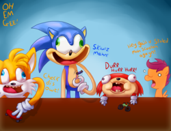 Size: 2218x1700 | Tagged: safe, artist:zoiby, scootaloo, pony, g4, crossover, knuckles the echidna, male, miles "tails" prower, sonic the hedgehog, sonic the hedgehog (series)
