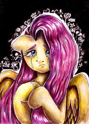 Size: 1504x2088 | Tagged: safe, artist:mannybcadavera, fluttershy, pegasus, pony, g4, bust, crying, female, looking at you, mare, portrait, sad, solo, teary eyes, traditional art, wings