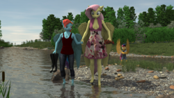 Size: 2200x1238 | Tagged: safe, artist:jawolfadultishart, fluttershy, rainbow dash, scootaloo, fish, pegasus, anthro, plantigrade anthro, g4, 3d, adopted offspring, barefoot, boots, clothes, daz studio, dress, feet, female, hat, holding shoes, jeans, lesbian, magical lesbian spawn, offspring, pants, parent:fluttershy, parent:rainbow dash, parents:flutterdash, river, sandals, ship:flutterdash, shipping, shoes, shorts, story included, tank top, toes, two moms, wading