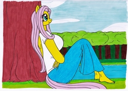 Size: 3492x2480 | Tagged: safe, artist:killerteddybear94, fluttershy, anthro, plantigrade anthro, g4, barefoot, big breasts, breasts, busty fluttershy, clothes, feet, female, grass, high res, huge breasts, lake, long skirt, shirt, skirt, solo, t-shirt, traditional art, tree