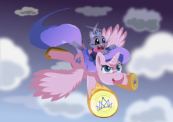 Size: 1201x852 | Tagged: safe, artist:magerblutooth, diamond tiara, oc, oc:dazzle, alicorn, cat, pony, alicornified, cloud, crown, female, flying, hoof shoes, jewelry, open mouth, race swap, regalia, tiaracorn