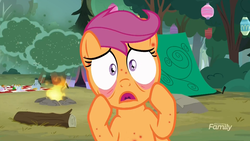 Size: 1920x1080 | Tagged: safe, screencap, scootaloo, fly-der, pony, campfire tales, g4, bite mark, fly-der bite, scared, tent