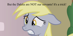 Size: 1150x570 | Tagged: safe, edit, edited screencap, editor:korora, screencap, derpy hooves, pony, g4, triple threat, cropped, doctor who, floppy ears, implied dalek, implied doctor whooves, the power of the daleks
