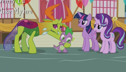 Size: 815x469 | Tagged: safe, screencap, spike, starlight glimmer, thorax, twilight sparkle, alicorn, changedling, changeling, dragon, pony, g4, triple threat, king thorax, twilight sparkle (alicorn)