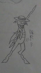 Size: 720x1280 | Tagged: safe, artist:derpanater, oc, oc only, oc:toothpick, changeling, changeling oc, clothes, dancing, fake moustache, hat, necktie, solo, traditional art, wedding band