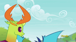 Size: 634x356 | Tagged: safe, screencap, princess ember, thorax, changedling, changeling, dragon, g4, triple threat, animated, boulder, duo, female, fire, fire breath, gif, king thorax, male, pink fire, rock