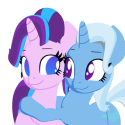 Size: 2160x2160 | Tagged: safe, artist:galawaille, starlight glimmer, trixie, pony, unicorn, g4, 3d, blender, cel shading, cute, diatrixes, female, glimmerbetes, high res, hug, lesbian, looking at each other, mare, no pupils, ship:startrix, shipping, simple background, transparent background