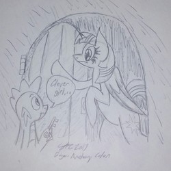 Size: 1440x1440 | Tagged: safe, artist:derpanater, spike, twilight sparkle, alicorn, dragon, pony, g4, 30 minute art challenge, clever girl, door, female, jurassic park, key, male, mare, movie reference, silly, speech bubble, traditional art