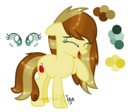 Size: 1111x972 | Tagged: safe, artist:emerald-bliss, oc, oc only, oc:apple bud, earth pony, pony, base used, eyes closed, female, laughing, mare, offspring, parent:applejack, parent:caramel, parents:carajack, raised hoof, reference sheet, simple background, solo, transparent background