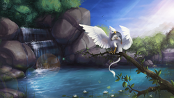 Size: 1920x1080 | Tagged: safe, artist:vampi, oc, oc only, oc:der, fish, griffon, carnivore, fishing, griffons doing griffon things, micro, perching, scenery, solo, tree branch