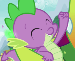 Size: 490x400 | Tagged: safe, screencap, spike, thorax, changedling, changeling, dragon, g4, triple threat, animated, fist pump, gif, glowing frill, king thorax