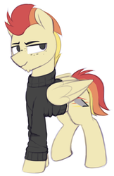 Size: 1396x2155 | Tagged: safe, artist:shinodage, oc, oc only, oc:jet stream, pegasus, pony, clothes, freckles, male, simple background, solo, updated, white background, younger