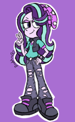 Size: 1440x2342 | Tagged: safe, artist:rodan00, starlight glimmer, equestria girls, equestria girls specials, g4, mirror magic, beanie, clothes, female, hand on hip, hat, no catchlights, pants, peace sign, purple background, ripped pants, shoes, simple background, solo, watch