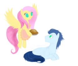 Size: 500x423 | Tagged: safe, artist:mn27, fluttershy, soarin', pegasus, pony, g4, apron, clothes, crack shipping, female, flying, food, lying down, male, pie, shipping, simple background, soarinshy, straight, transparent background, wings