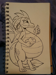 Size: 894x1200 | Tagged: safe, artist:duragan, princess ember, dragon, g4, triple threat, belly, bloated, chubby, crystal, cute, dragoness, dragonlard ember, eating, emberbetes, fat, female, ink, inking, not pregnant, solo, spoiler, stuffed, stuffing, traditional art, weight gain
